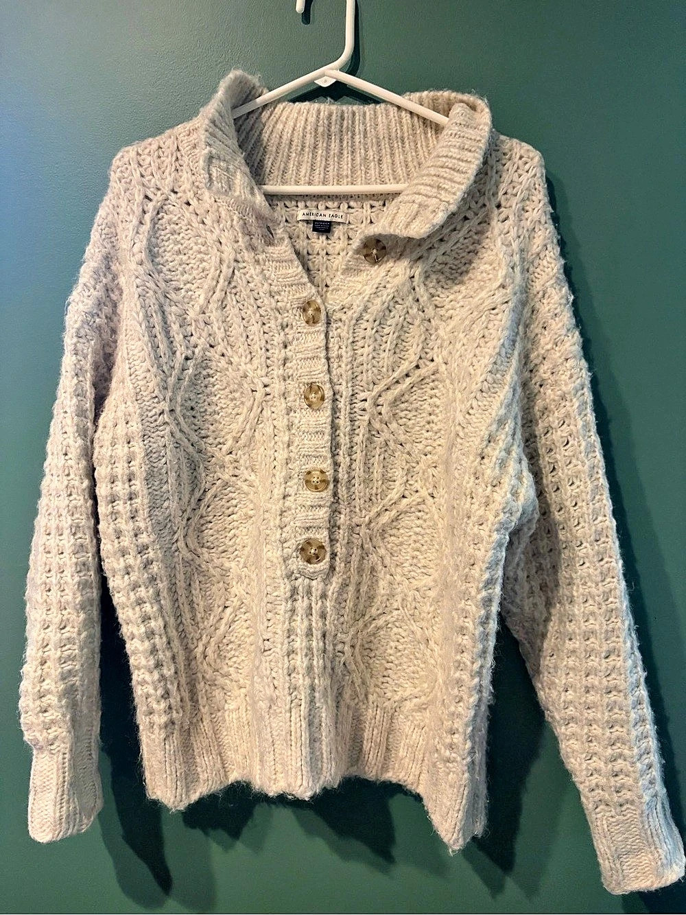 American Eagle Cable Knit Button Cardigan in Cream